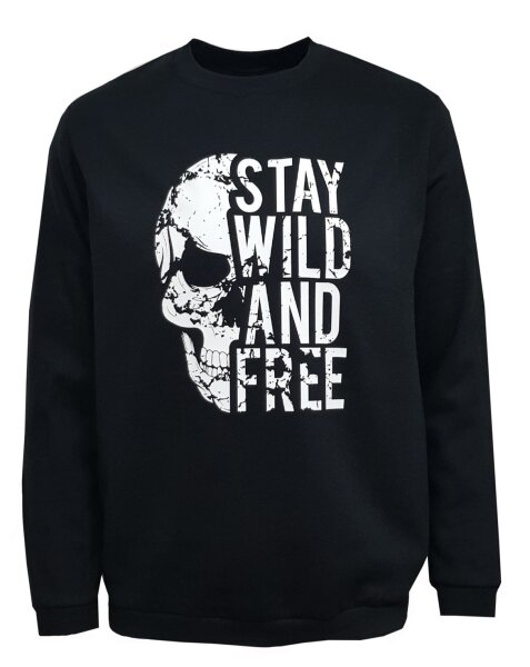 Herren Totenkopf Pullover Skull Sweatshirt STAY WILD AND FREE Pulli Langarmshirt M-L-XL-XXL-XXXL L Schwarz